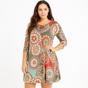Womens Floral Print Dress 3/4‎ Sleeve Casual A-Line Multicolor Patterned L/XL